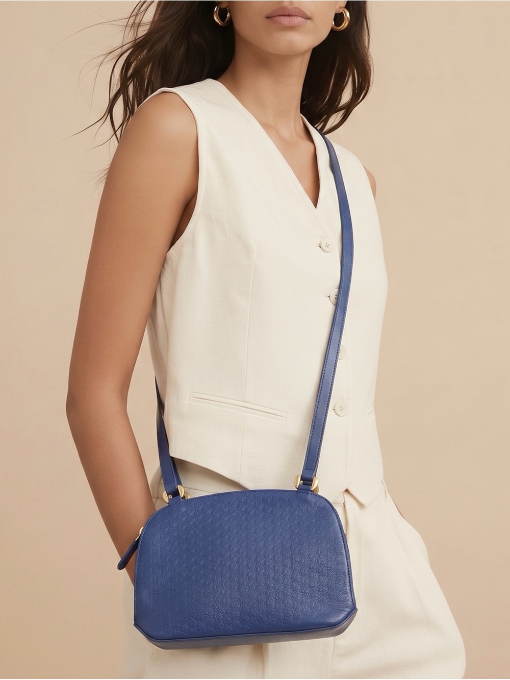 Escada Micro Embossed Daisies Blue Leather Crossbody Bag
